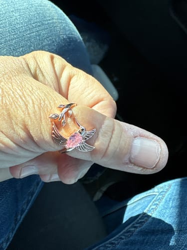 Customer photo review of Personalized Memorial Hummingbird Leaf Ring - Those we love don't go away they fly beside us every day