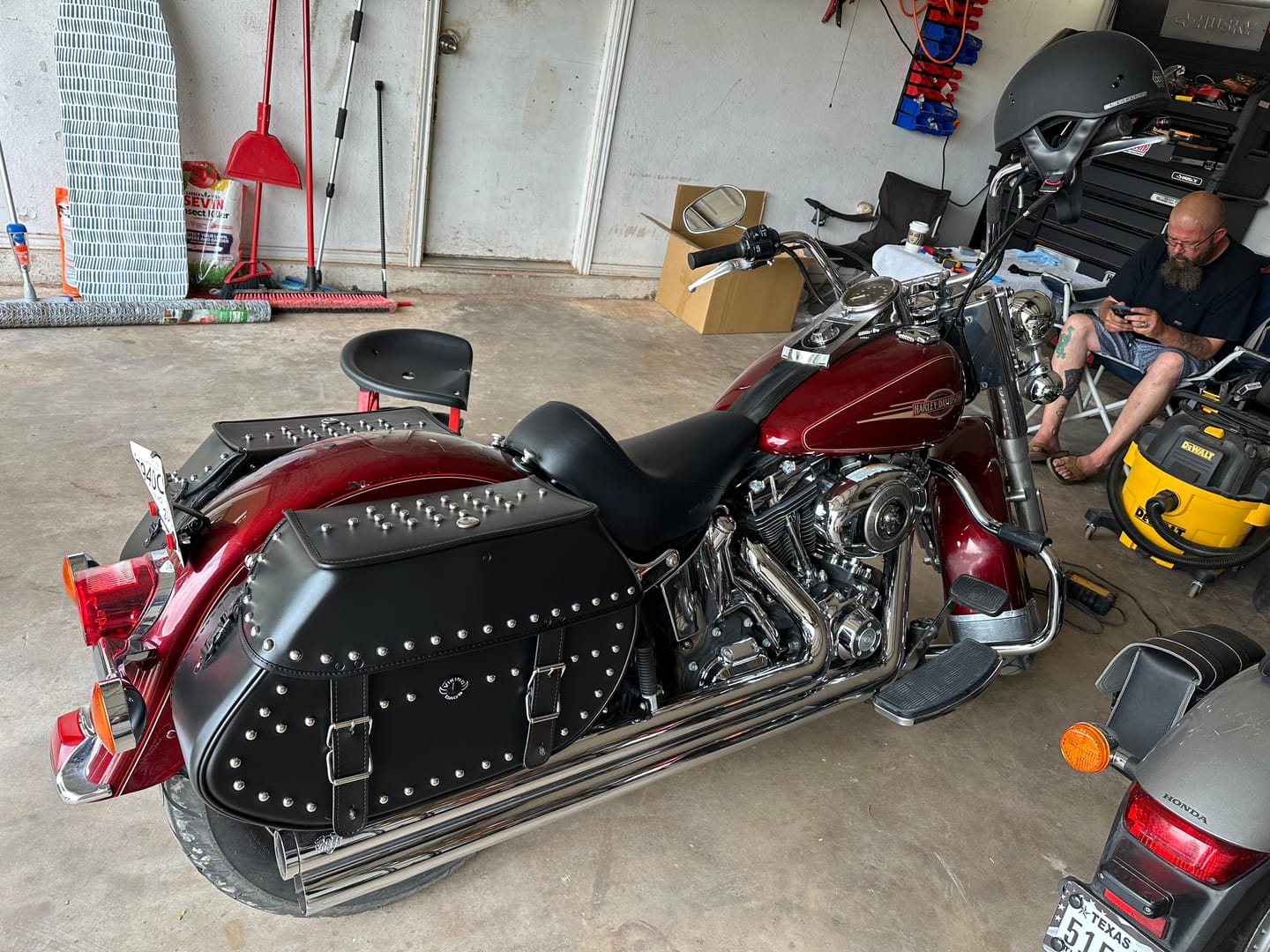 Customer photo review of 35L - Legacy Extra Large Studded Leather Motorcycle Saddlebags for Harley Softail Heritage FLSTC/I