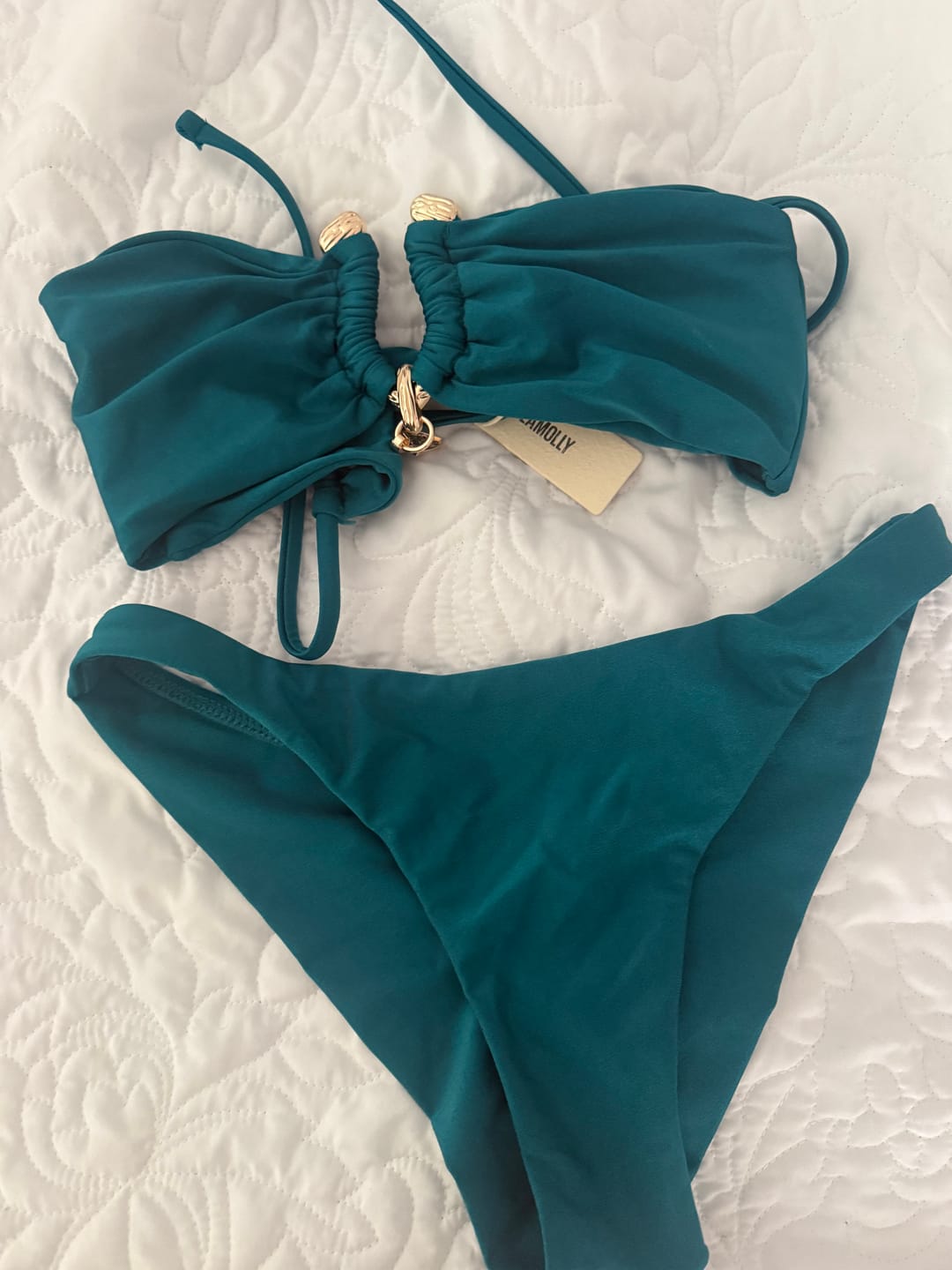 Customer photo review of Seamolly Vintage Ruched U-ring Metal Tied Back Bandeau Top & Brazilian Bottom Bikini Set