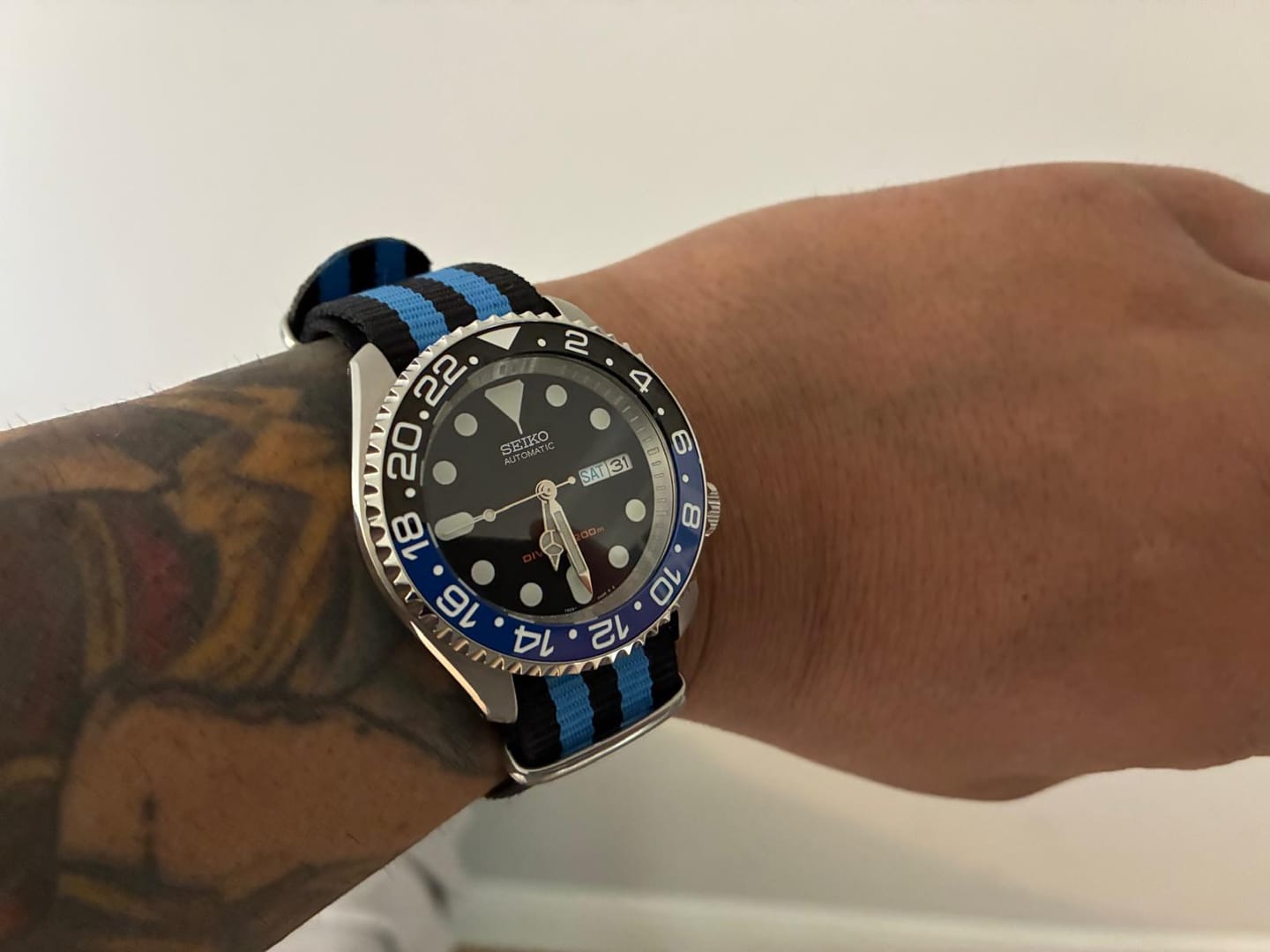 Customer photo review of Classic Military Style Strap - Black & Blue Stripes