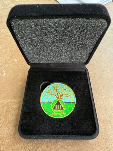 Customer photo review of 3 Year Tree of Life Specialty AA Recovery Medallion - Tri-Plated Three Year Chip/Coin + Velvet Case