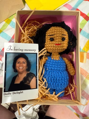 Customer photo review of Dolly® Personalized Crochet Doll with Photo Card