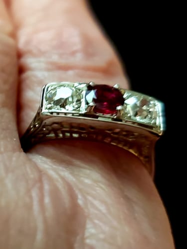 Customer photo review of Antique Art Deco 18k White Gold .85cttw Diamond Ruby Openwork Trio Ring 9.00