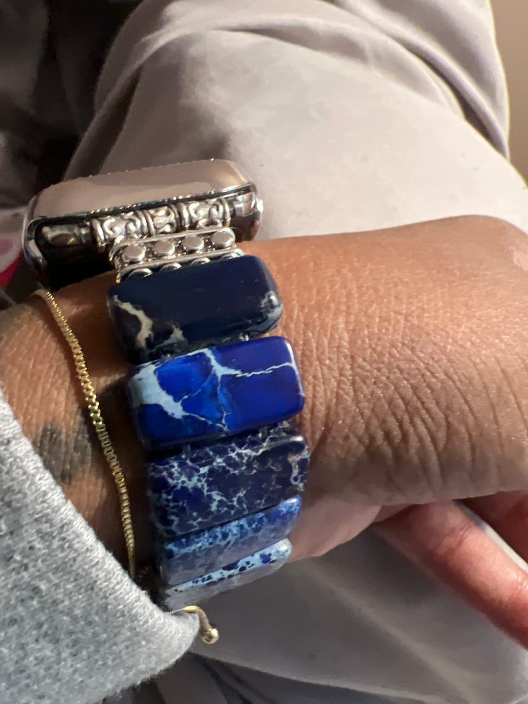 Customer photo review of Dark Navy Tibetan Jasper Stretch Apple Watch Strap