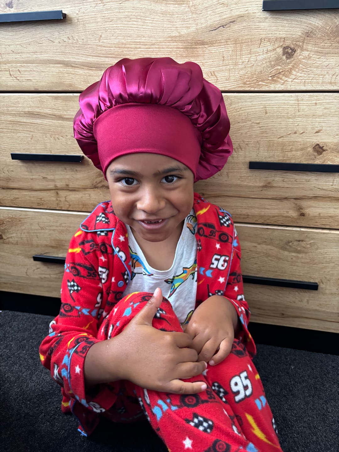 Customer photo review of Red Silky Bonnet