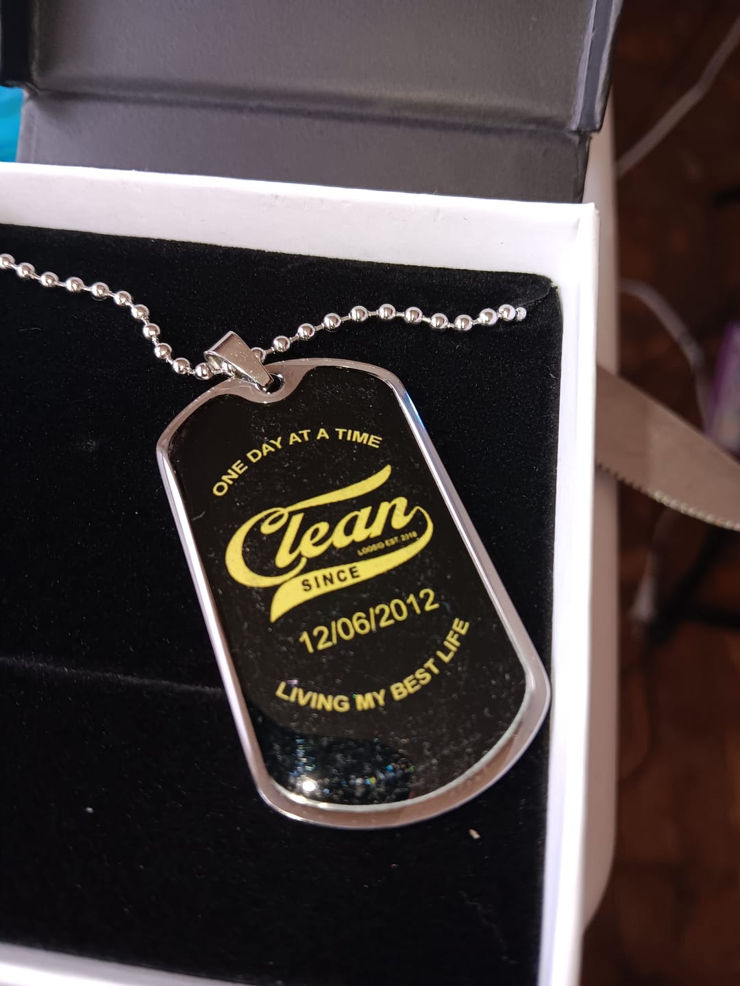 Customer photo review of Loosid Clean Since Dog Tag w/Personalized Sobriety Date