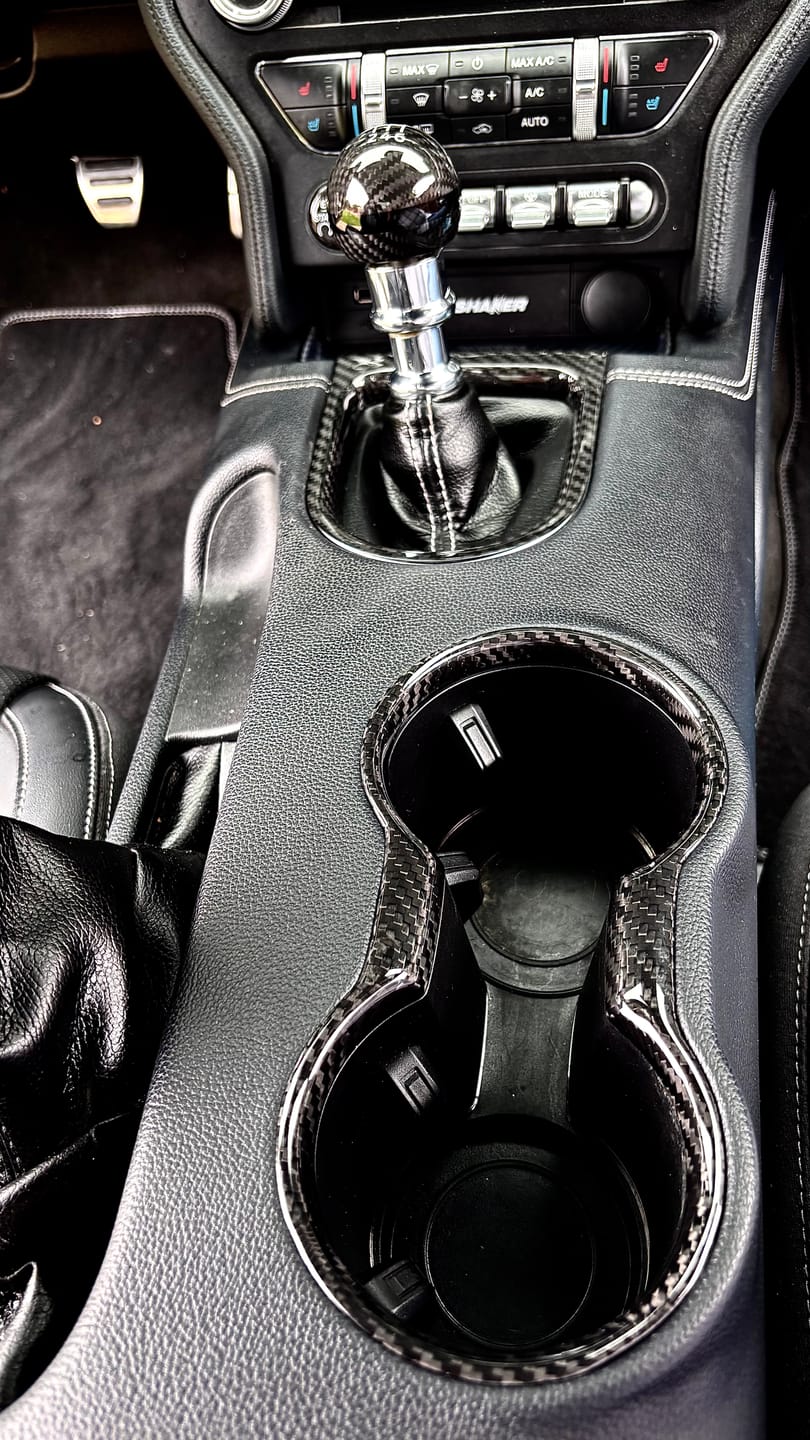 Customer photo review of Mustang 2015-2023 Carbon Fiber Gear Shift Bezel Chrome Trim Cover