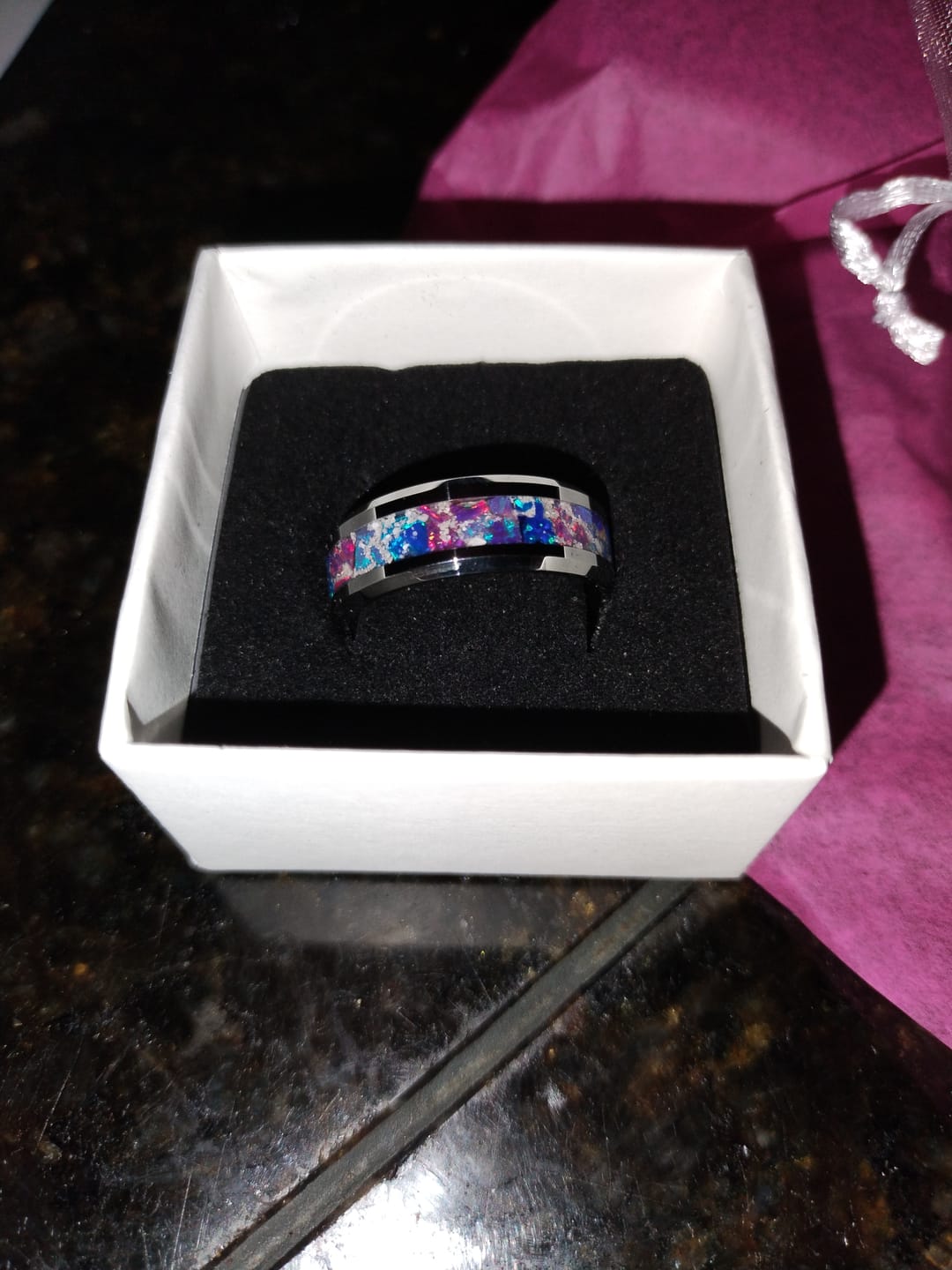 Customer photo review of Tungsten Opal Ring with Cremation Ashes