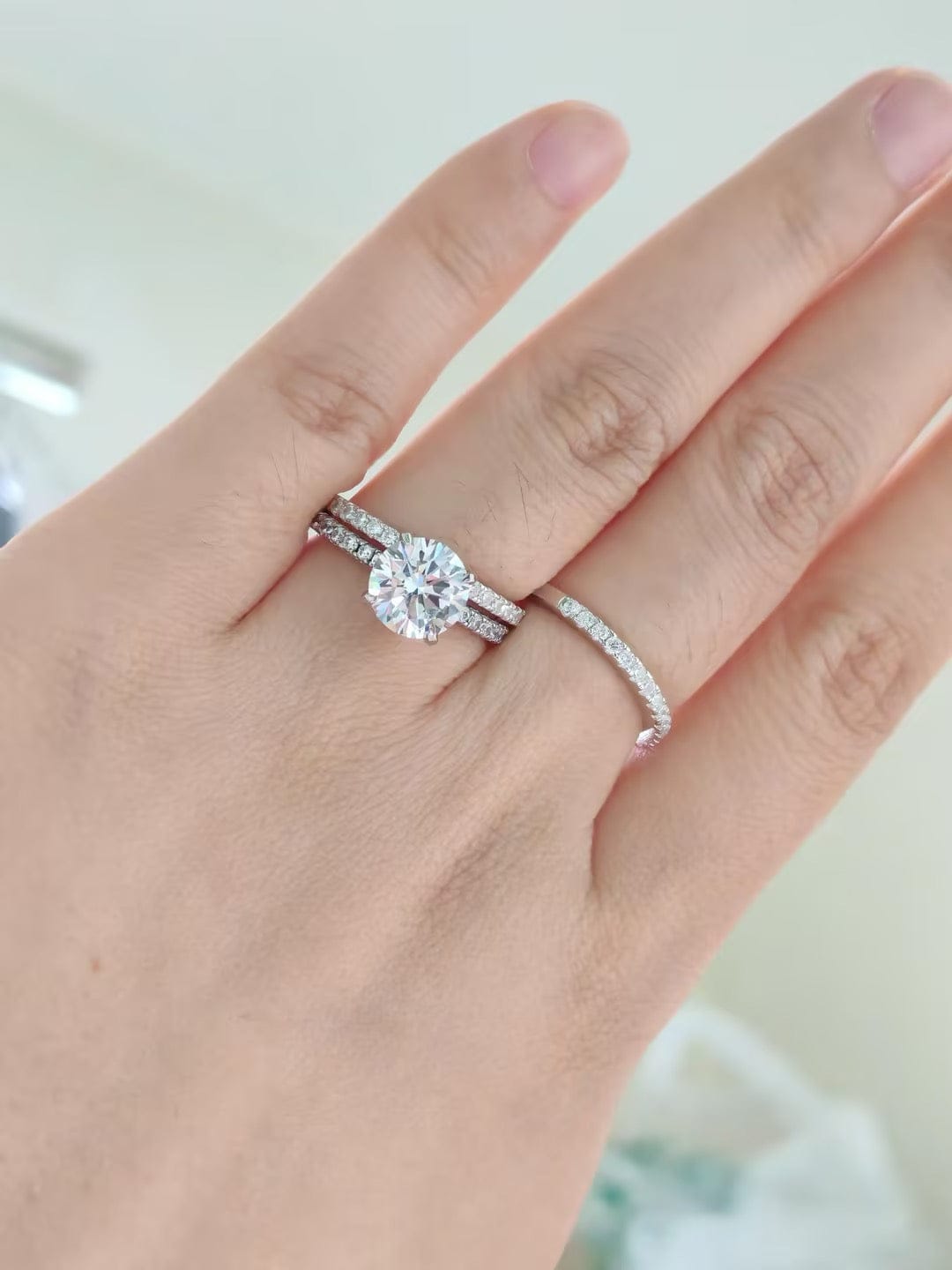 Customer photo review of S925 3PC Wedding Ring Set 2.0 Ct Round Cut With 2PC Half Eternity Wedding Band Stackable Wedding Rings