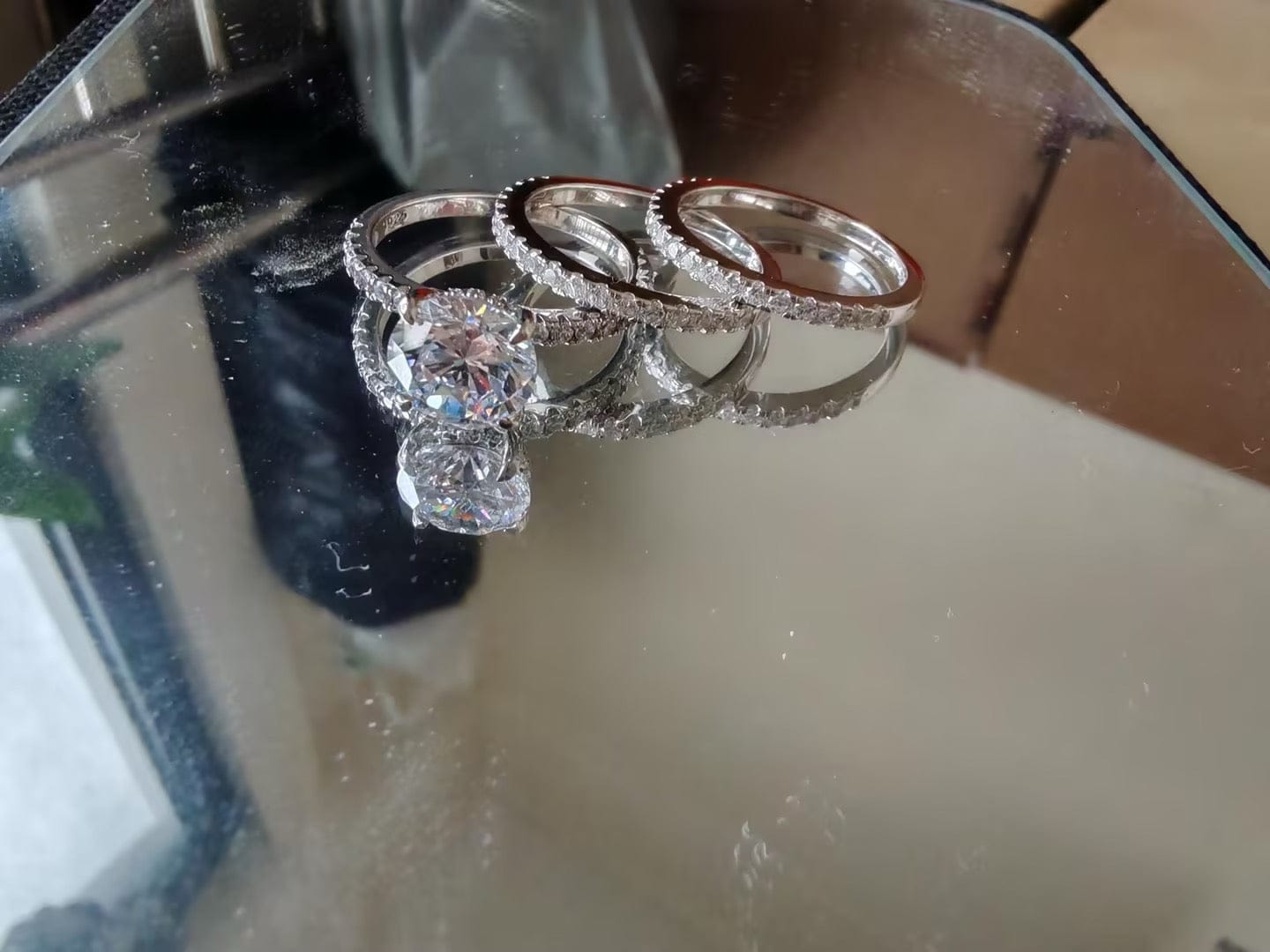 Customer photo review of S925 3PC Wedding Ring Set 2.0 Ct Round Cut With 2PC Half Eternity Wedding Band Stackable Wedding Rings