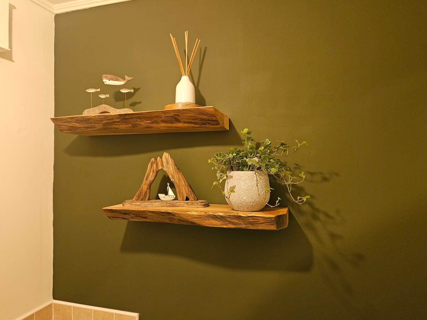 Customer photo review of Chunky Live Edge Character Oak Floating Shelves
