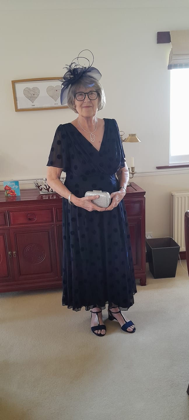 Customer photo review of Victoria Dark Navy Velvet Flock Angel Sleeve Mesh Long Midi Dress