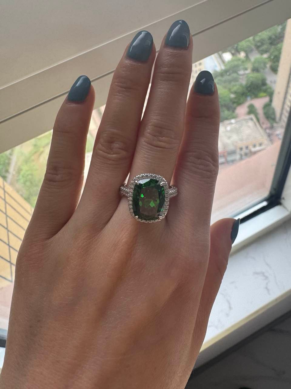 Customer photo review of Louily Gorgeous Halo Cushion Cut Paraiba Tourmaline Engagement Ring In Sterling Silver