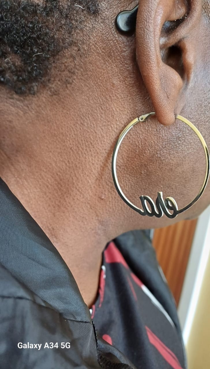 Customer photo review of Silver Precious Era Logo Hoops