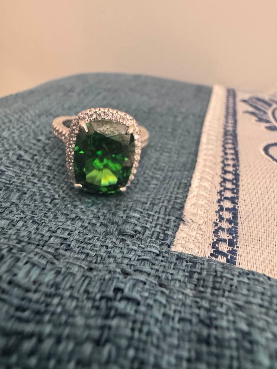 Customer photo review of Louily Gorgeous Halo Cushion Cut Paraiba Tourmaline Engagement Ring In Sterling Silver