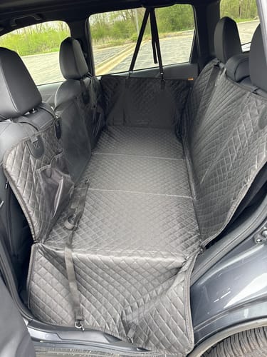 Customer photo review of NEW Waterproof Hard Bottom Car & Truck Seat Foldable Hammock Cover With Storage Pockets, Side Flaps, Headrest Straps, Seat Anchors, & Mesh Window (+FREE SAFETY BELT!)