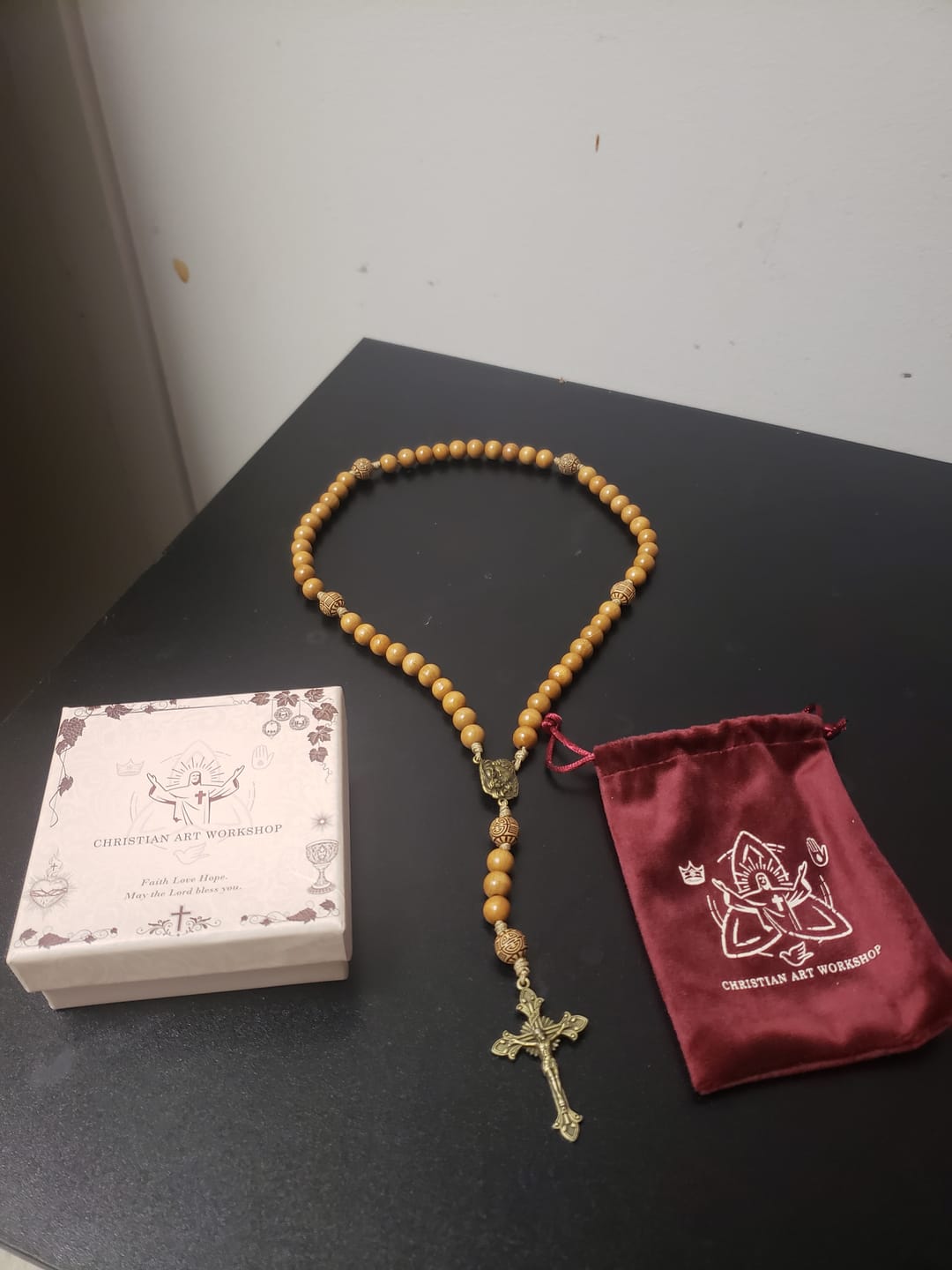 Customer photo review of FREE Today: Holy Family & Crucifix of Handmade 10mm Olive Wood Bead Rosary for Holy Prayer