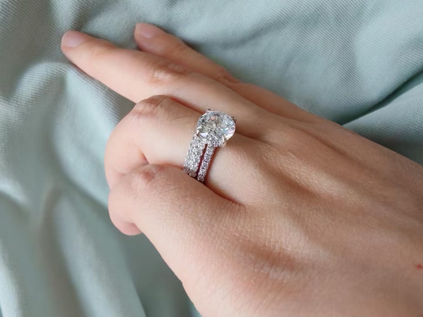 Customer photo review of S925 3PC Wedding Ring Set 2.0 Ct Round Cut With 2PC Half Eternity Wedding Band Stackable Wedding Rings