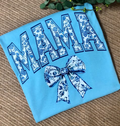 Customer photo review of Mama Blue Ribbon Porcelain Pattern Design - Mother's Day DTF Transfer