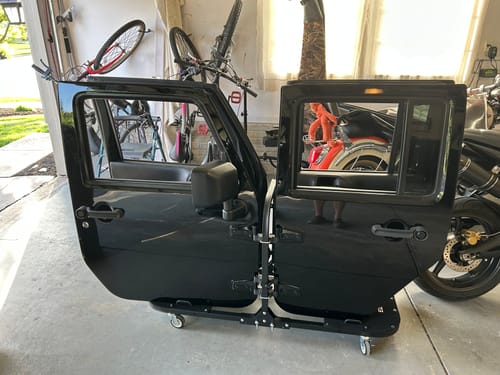 Customer photo review of EZ 4x4 Aluminum Folding Rolling Black Door Holder Cart | Fits 1997+ Jeep Wrangler Unlimited 2020+ Gladiator