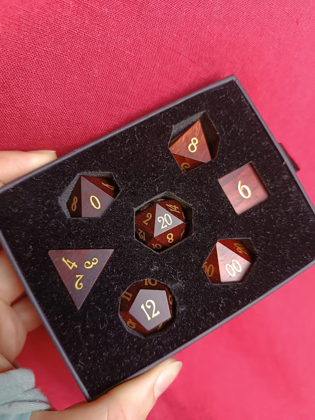 Customer photo review of URWizards D&D Padauk Wood Dice Set
