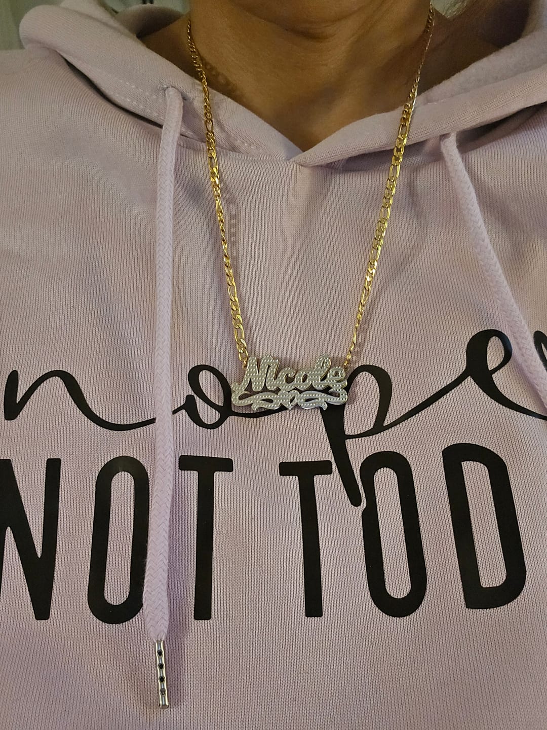 Customer photo review of Double Plated Heart Twirl Name Necklace w/ Figaro Chain
