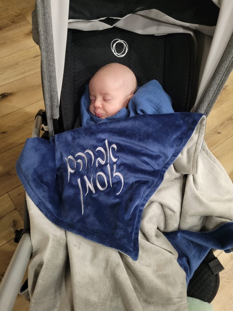 Customer photo review of MinkyBee Stroller Blanket ~ Grey/Navy