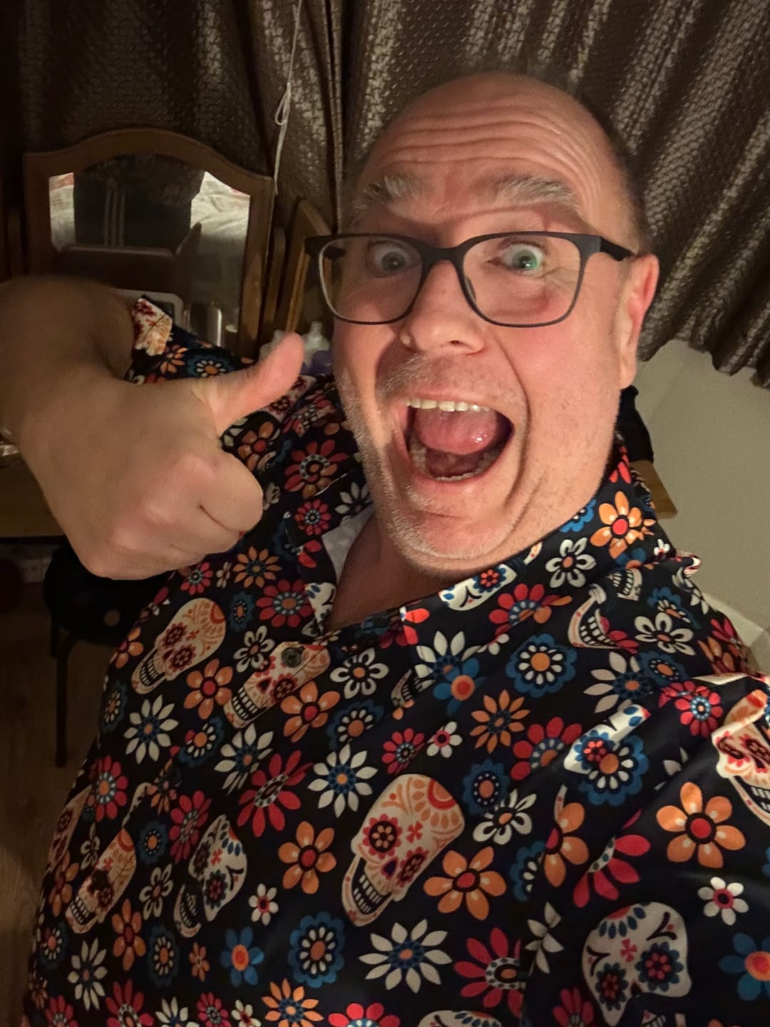 Customer photo review of Men's Sugar Skull Punk Rock Holiday Cool Beach Short Sleeve Summer Shirt