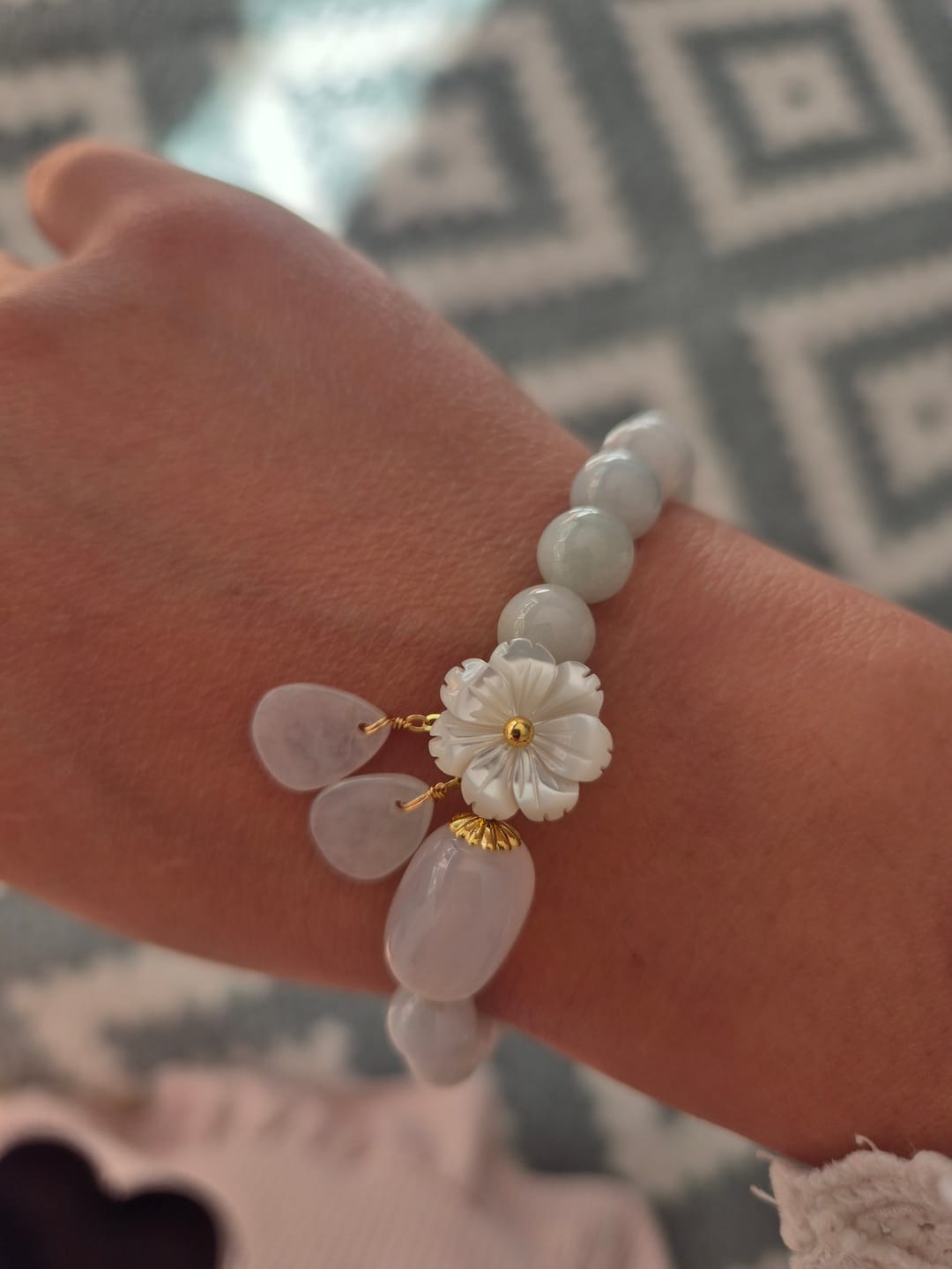 Customer photo review of Buddha Stones Natural White Jade Luck Bracelet