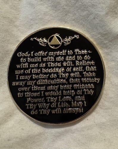 Customer photo review of 1 to 65 Year Sobriety Mint Twisted Tree of Life Gold Plated AA Recovery Medallion/Chip/Coin - Black