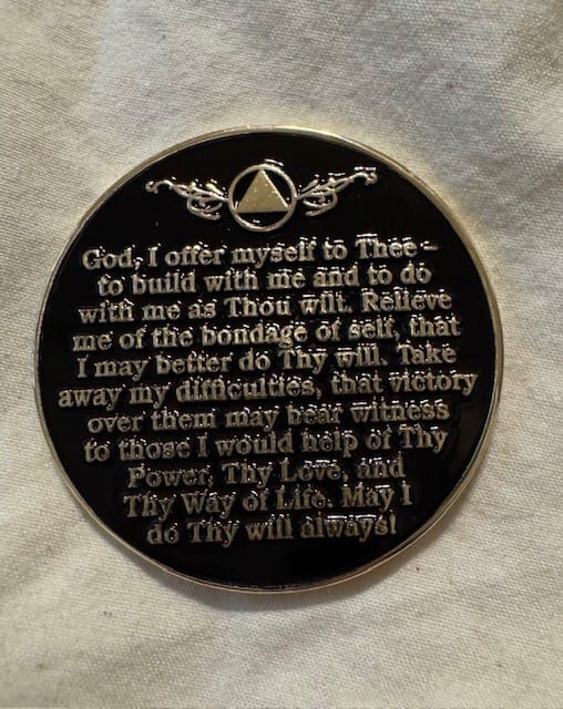 Customer photo review of 1 to 65 Year Sobriety Mint Twisted Tree of Life Gold Plated AA Recovery Medallion/Chip/Coin - Black