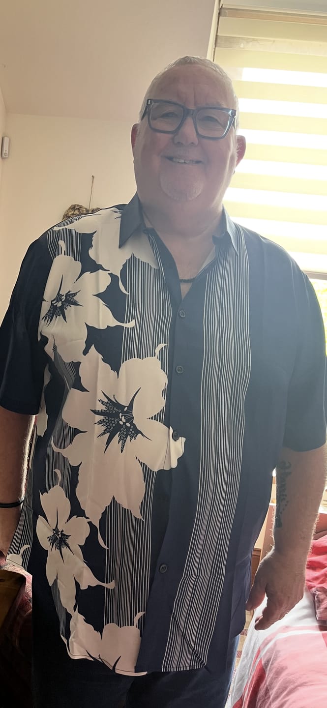 Customer photo review of Men's Vertical Stripe Flower Print Vacation Navy Blue Hawaiian Vintage Aloha Short Sleeve Shirt