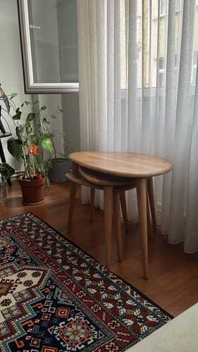 Customer photo review of Ahşap Zigon Sehpa 3'lü Set - Doğal Masif Kestane Ağacı (Ercol Stil)