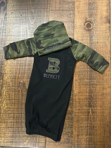 Customer photo review of Camo Baby Gown Hat Set with Hidden Zipper (Swatch Included)