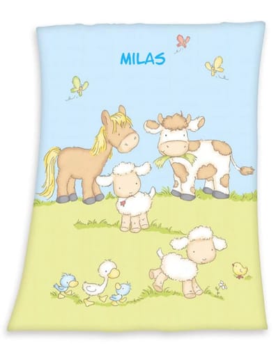 Customer photo review of Bauernhof Tiermotiv Babydecke mit Namen bestickt 75x100cm