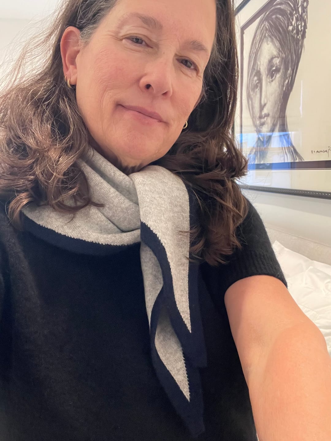 Customer photo review of Brand New Mist Grey and Navy Recycled Cashmere Triangle Scarf