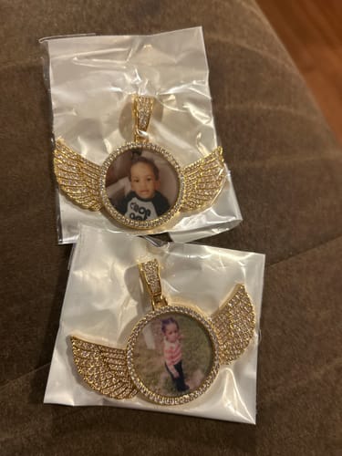 Customer photo review of Diamond Studded Angel Wing Photo Necklace
