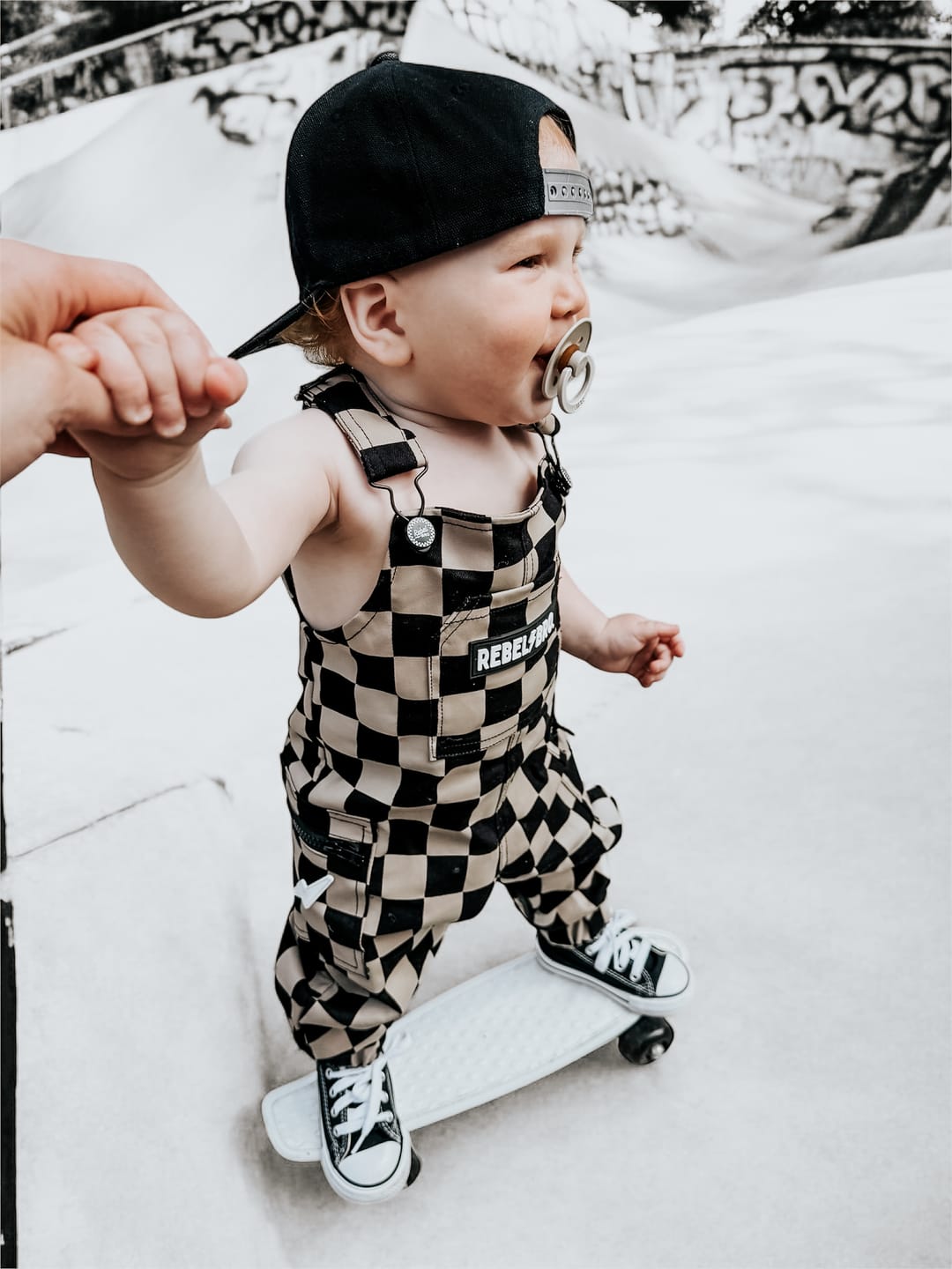 Customer photo review of The Live Fast Overall in Taupe + Black Checkered