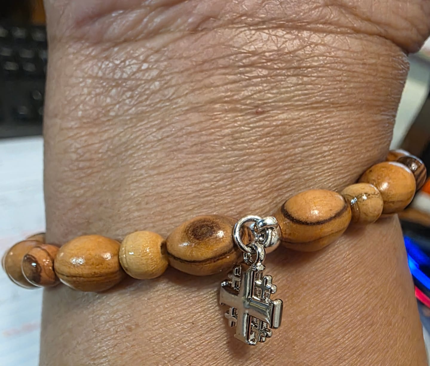 Customer photo review of Olive Wood Bracelet with Cross Pendant