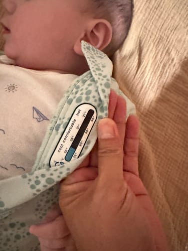 Customer photo review of Organic Cotton & Camel Wool Sleeveless Sleep Sack 1.0 TOG - Mint Sky