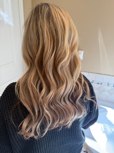 Customer photo review of Sew in Weft Human Hair Extensions Balayage Brown with Blonde #3/8/22