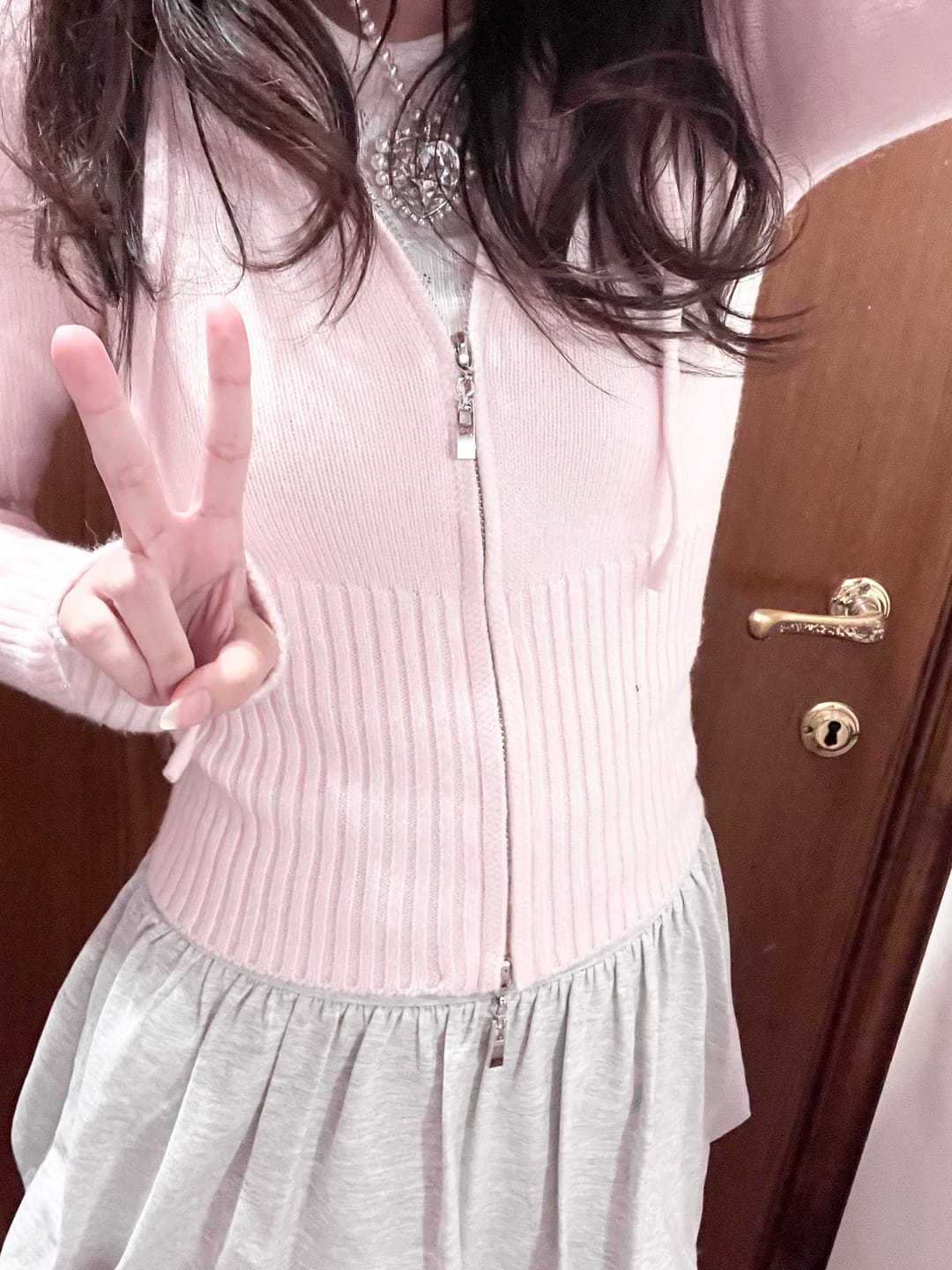 Customer photo review of That Girl Rib Knit Slim Fit Zip Up Cardigan (Baby Pink)