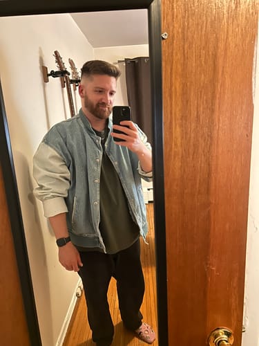 Customer photo review of Vintage Wolf Jacket Mens XL Blue Denim Varsity Snap On