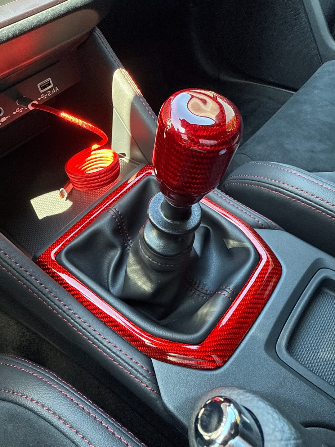 Customer photo review of 2022-25 Subaru WRX VB Red Carbon Fiber Shifter Trim Cover