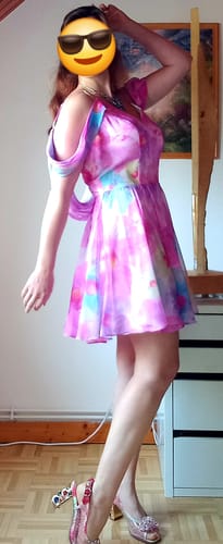 Customer photo review of Straps V neck Off the Shoulder Chiffon Print Floral Fuchsia Tea Length Formal Gown