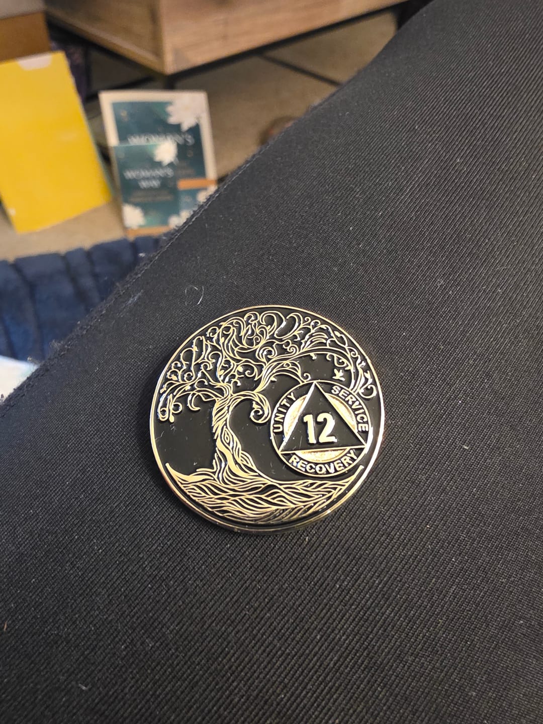 Customer photo review of 1 to 65 Year Sobriety Mint Twisted Tree of Life Gold Plated AA Recovery Medallion/Chip/Coin - Black