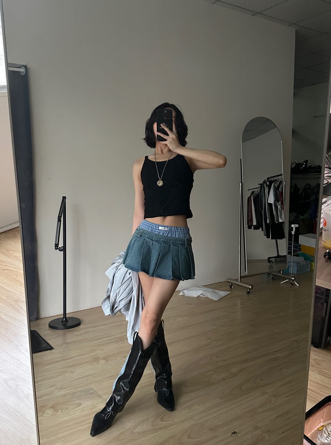 Customer photo review of WARDEN EDGE Pleated Denim Micro Skirt with Contrast Waistband