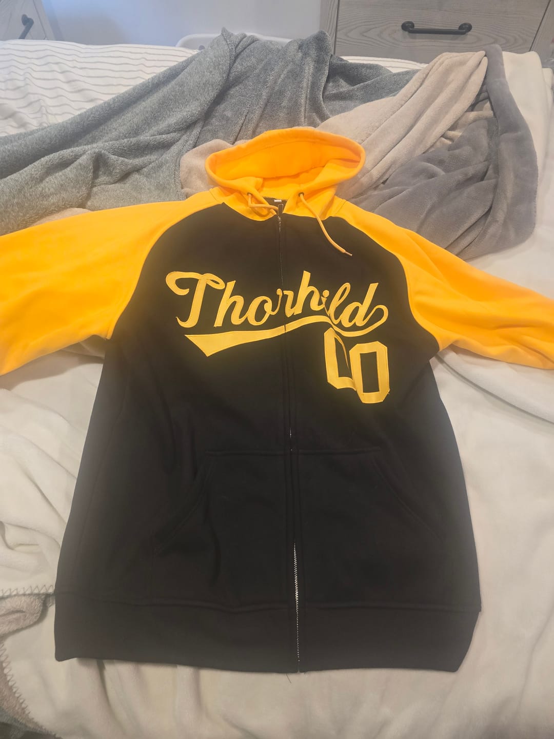 Customer photo review of Custom Stitched Black Gold Raglan Sleeves Sports Full-Zip Sweatshirt Hoodie