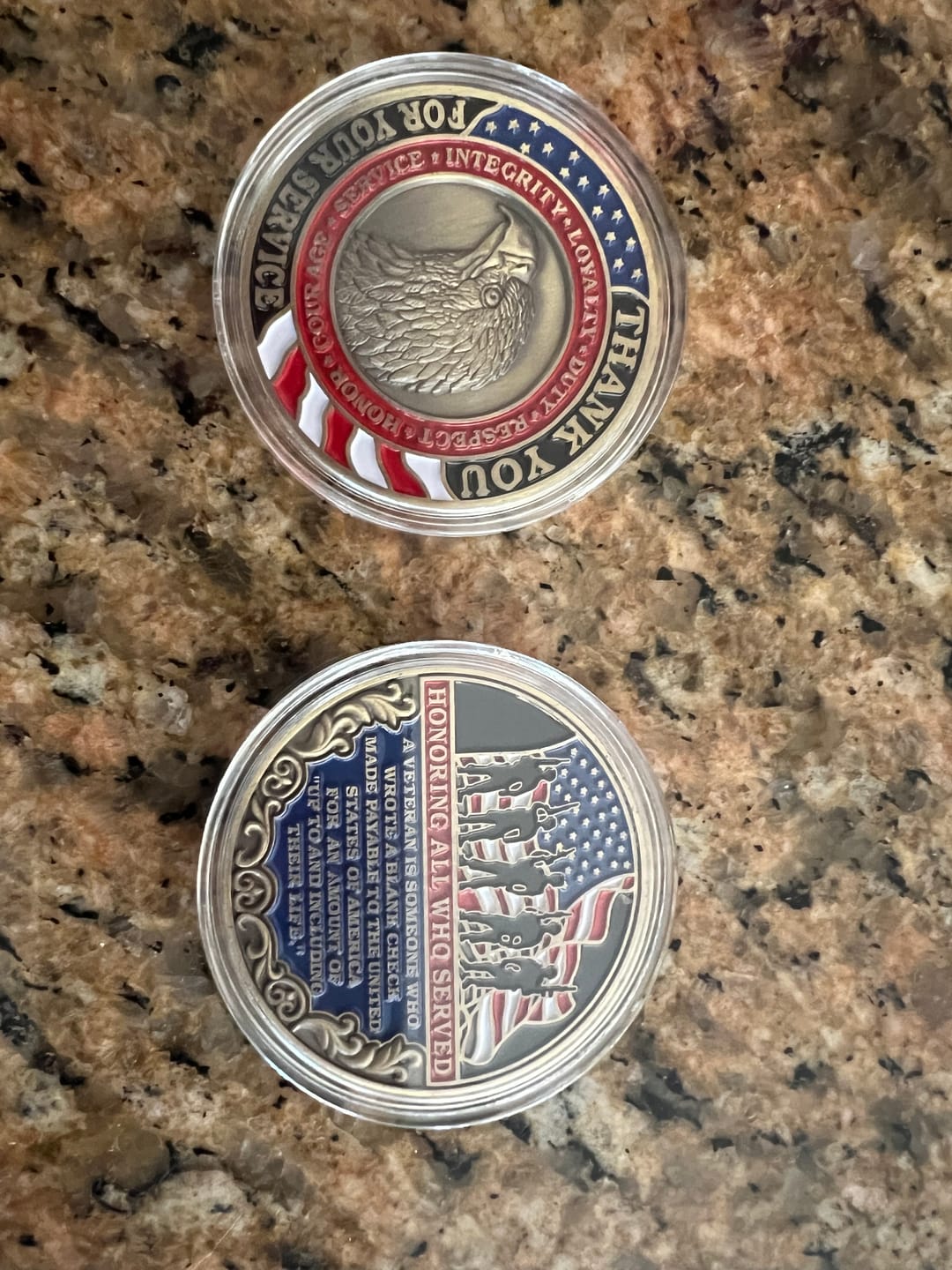 Customer photo review of Honoring All Who Served Thank You Coin