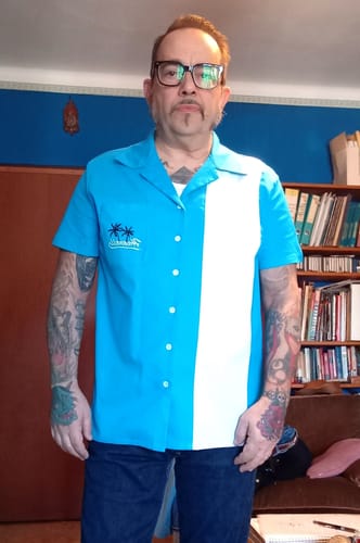 Customer photo review of Chemise à manches courtes bleue pour homme 50's Vintage Camp Cotton Pocket Bowling Hawaii Coconut Tree